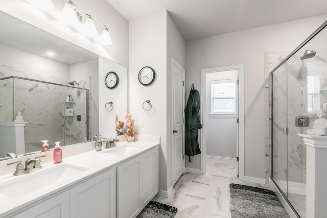 1129 Rusk Way, Lewisville, TX 75077 - bathroom with marble finish flooring, a marble finish shower, double vanity, and baseboards
