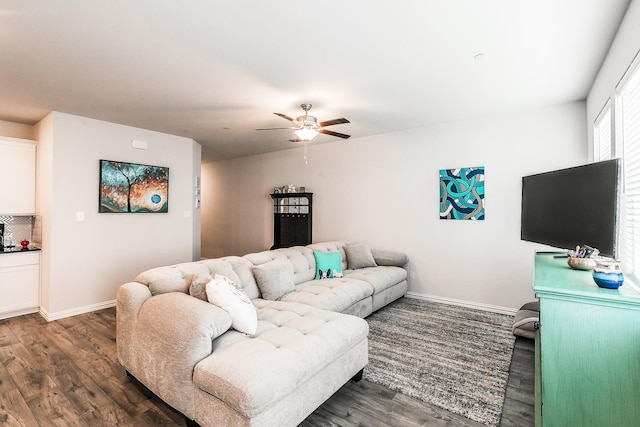 1129 Rusk Way, Lewisville, TX 75077 - living room with dark wood-type flooring, ceiling fan, and baseboards