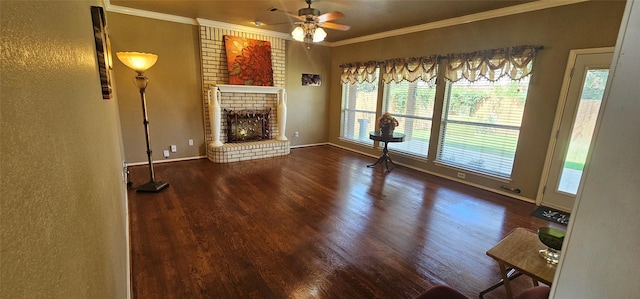 5632 Centeridge Dr, Dallas, TX 75249 - unfurnished living room featuring wood finished floors, a ceiling fan, ornamental molding, a fireplace, and baseboards