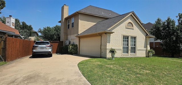 5632 Centeridge Dr, Dallas, TX 75249 - view of side of property with brick siding, concrete driveway, a chimney, a shingled roof, and a garage