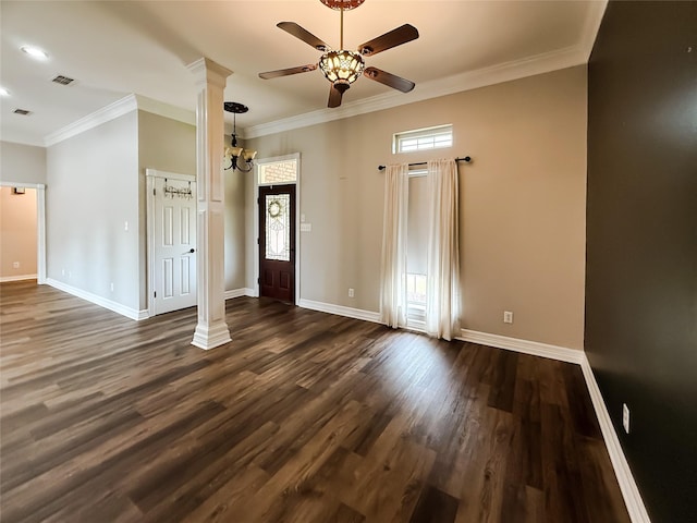 107 Summit Dr, Bossier City, LA 71111 - entrance foyer featuring a ceiling fan, plenty of natural light, dark wood-style floors, baseboards, and crown molding