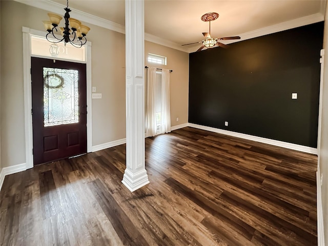 107 Summit Dr, Bossier City, LA 71111 - foyer entrance featuring ceiling fan, dark wood-type flooring, baseboards, a chandelier, and crown molding