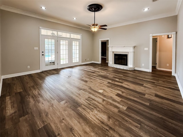 107 Summit Dr, Bossier City, LA 71111 - unfurnished living room featuring ornamental molding, a ceiling fan, baseboards, dark wood-style floors, and a fireplace