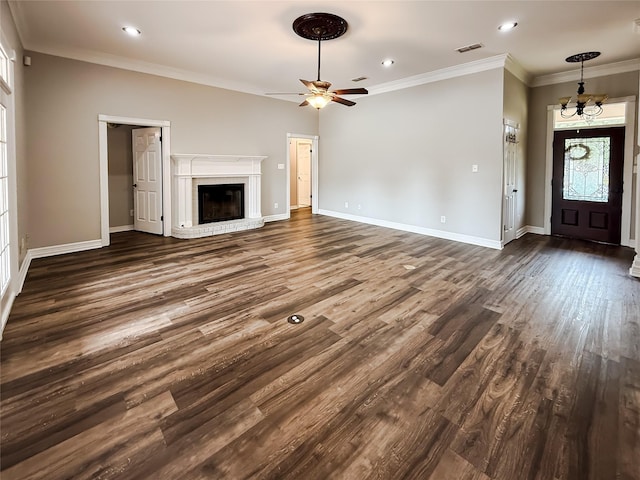 107 Summit Dr, Bossier City, LA 71111 - unfurnished living room with a chandelier, dark wood-type flooring, a ceiling fan, baseboards, and recessed lighting