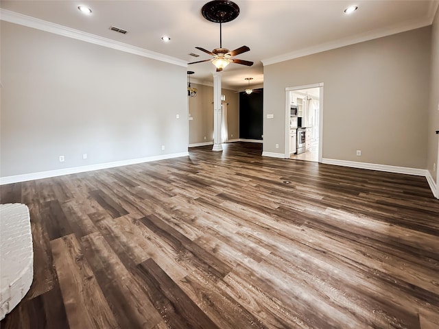 107 Summit Dr, Bossier City, LA 71111 - unfurnished living room with a ceiling fan, crown molding, recessed lighting, wood finished floors, and baseboards