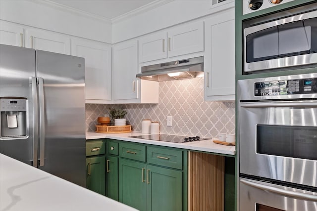 7204 Kingswood Dr, Fort Worth, TX 76133 - kitchen with stainless steel appliances, under cabinet range hood, green cabinetry, light countertops, and crown molding