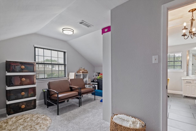 7204 Kingswood Dr, Fort Worth, TX 76133 - sitting room featuring a chandelier, vaulted ceiling, baseboards, and carpet floors