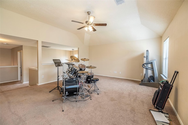 4406 Westcreek Ln, Sachse, TX 75048 - recreation room with carpet floors, lofted ceiling, ceiling fan, and baseboards