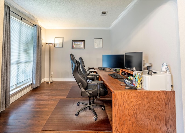 4406 Westcreek Ln, Sachse, TX 75048 - office space featuring ornamental molding, wood finished floors, baseboards, and a textured ceiling