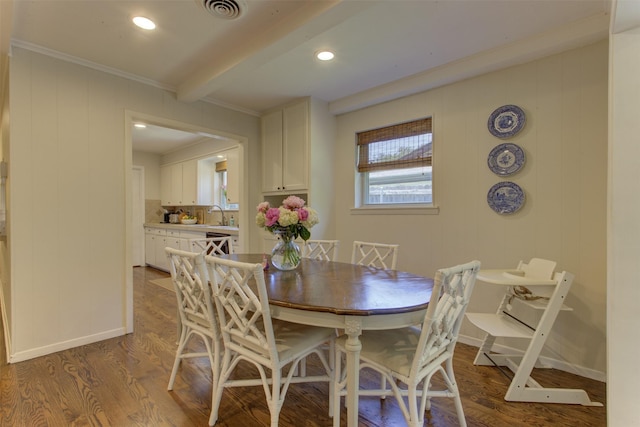 4200 Bilglade Rd, Fort Worth, TX 76109 - dining area featuring dark wood-type flooring, beamed ceiling, crown molding, baseboards, and recessed lighting