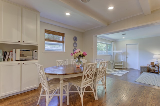 4200 Bilglade Rd, Fort Worth, TX 76109 - dining space with beam ceiling, light wood-style flooring, recessed lighting, and ornamental molding
