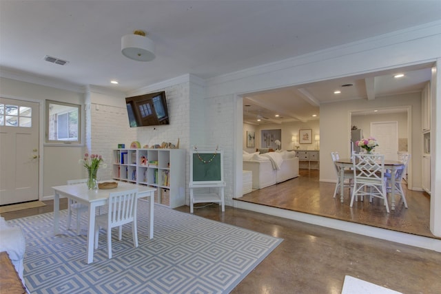 4200 Bilglade Rd, Fort Worth, TX 76109 - dining area with crown molding, baseboards, recessed lighting, concrete floors, and beamed ceiling