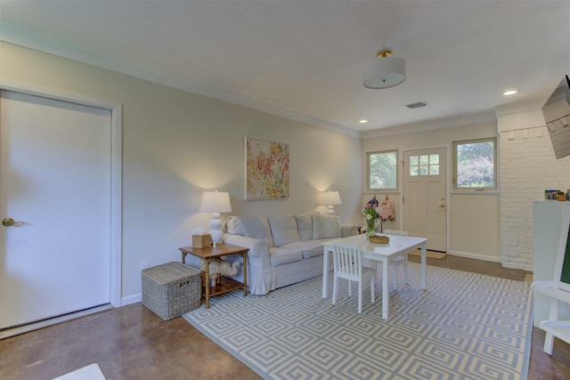 4200 Bilglade Rd, Fort Worth, TX 76109 - living area with crown molding, baseboards, recessed lighting, and concrete floors