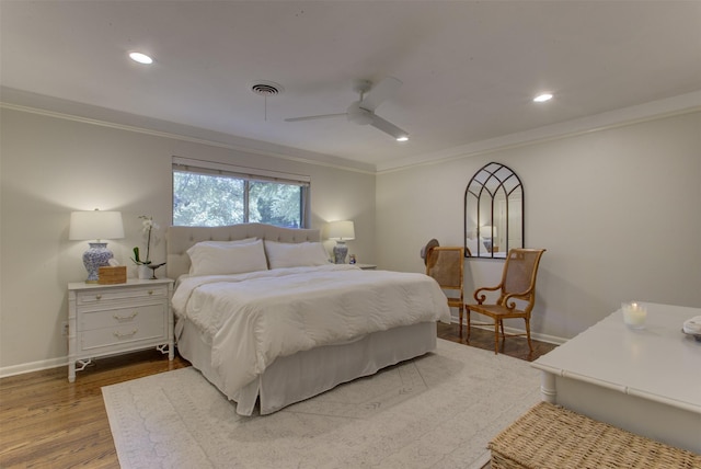 4200 Bilglade Rd, Fort Worth, TX 76109 - bedroom with crown molding, baseboards, recessed lighting, wood finished floors, and ceiling fan