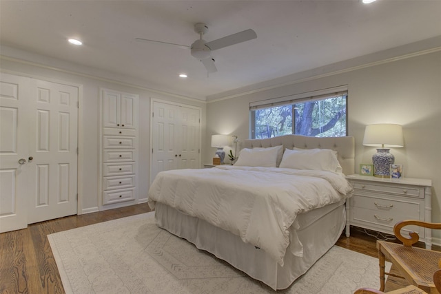 4200 Bilglade Rd, Fort Worth, TX 76109 - bedroom with crown molding, multiple closets, wood finished floors, recessed lighting, and ceiling fan