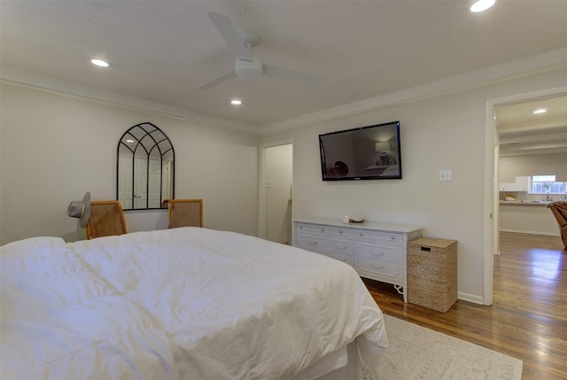 4200 Bilglade Rd, Fort Worth, TX 76109 - bedroom with dark wood-type flooring, recessed lighting, crown molding, a ceiling fan, and baseboards