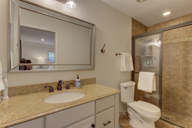 4200 Bilglade Rd, Fort Worth, TX 76109 - bathroom with vanity, a shower stall, toilet, and recessed lighting