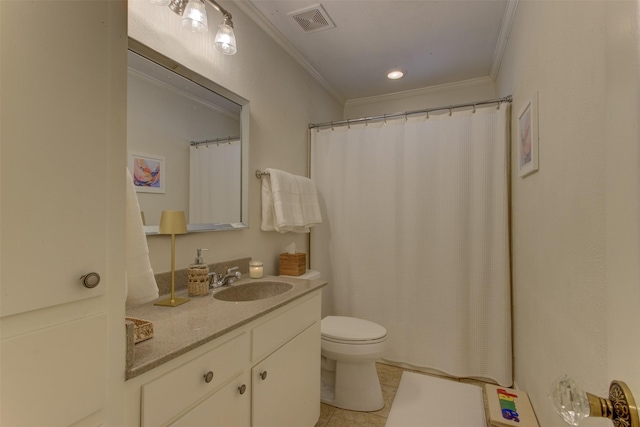 4200 Bilglade Rd, Fort Worth, TX 76109 - bathroom featuring crown molding, toilet, vanity, tile patterned flooring, and a shower with curtain