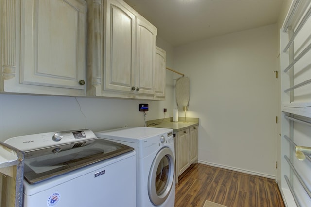 4200 Bilglade Rd, Fort Worth, TX 76109 - laundry area with separate washer and dryer, cabinet space, dark wood-style flooring, and baseboards