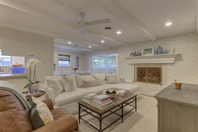 4200 Bilglade Rd, Fort Worth, TX 76109 - living room with beamed ceiling, ceiling fan, recessed lighting, a brick fireplace, and brick wall