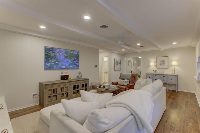 4200 Bilglade Rd, Fort Worth, TX 76109 - living area featuring wood finished floors, beam ceiling, a ceiling fan, baseboards, and recessed lighting