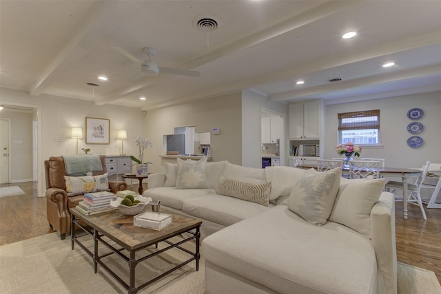 4200 Bilglade Rd, Fort Worth, TX 76109 - living area featuring light wood-style flooring, beamed ceiling, a ceiling fan, and recessed lighting