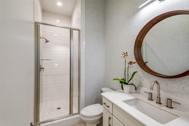 1328 Madeline Pl Unit B, Fort Worth, TX 76107 - bathroom with toilet, vanity, a shower stall, and recessed lighting