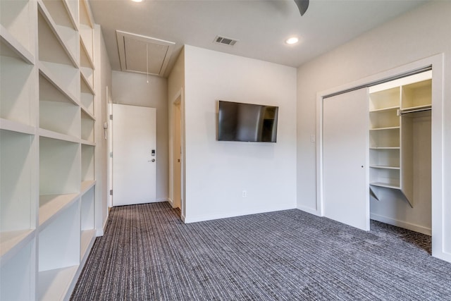 1328 Madeline Pl Unit B, Fort Worth, TX 76107 - unfurnished bedroom with attic access, dark carpet, recessed lighting, and a closet