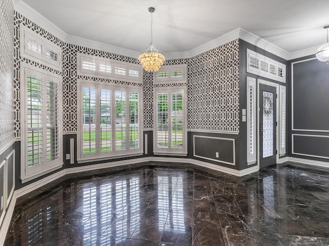 9120 Timber Oaks Dr, Fort Worth, TX 76179 - unfurnished dining area featuring a chandelier, healthy amount of natural light, baseboards, ornamental molding, and marble tiled flooring