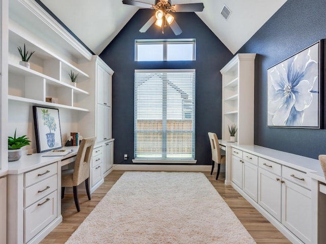 8542 Gerbera Daisy Rd, Frisco, TX 75035 - office space featuring built in desk, a ceiling fan, light wood finished floors, and high vaulted ceiling