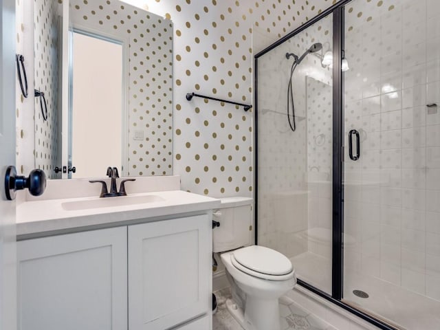 8542 Gerbera Daisy Rd, Frisco, TX 75035 - full bath with wallpapered walls, vanity, and a shower stall