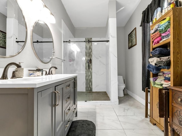 401 S 2nd St, Wortham, TX 76693 - bathroom featuring marble look tiles, vanity, a marble finish shower, toilet, and baseboards