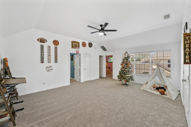 4304 Wildbriar Ln, Mansfield, TX 76063 - playroom with lofted ceiling, ceiling fan, carpet flooring, and baseboards
