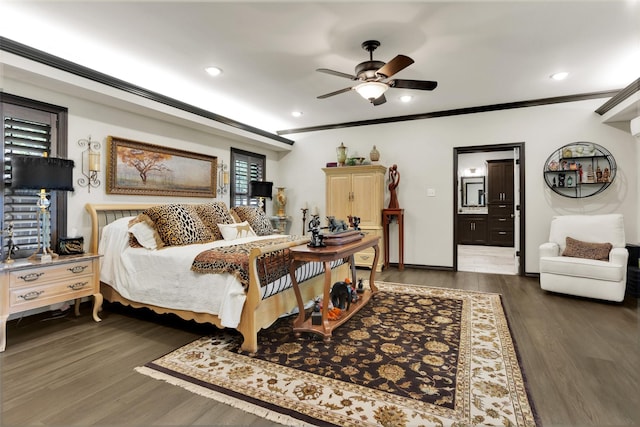 161 Cheyenne Dr, Nocona, TX 76255 - bedroom with wood finished floors, crown molding, recessed lighting, and ensuite bathroom