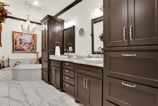 161 Cheyenne Dr, Nocona, TX 76255 - bathroom featuring double vanity, a bath, a chandelier, ornamental molding, and marble look tile flooring