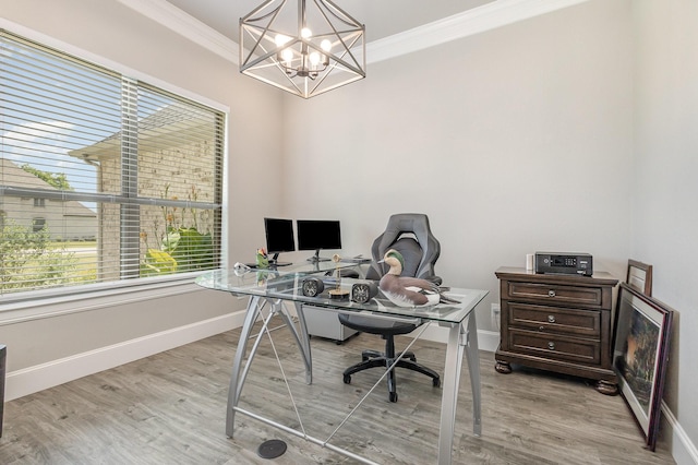 3011 Skyhawk Dr, Granbury, TX 76049 - office space with crown molding, a chandelier, baseboards, healthy amount of natural light, and wood finished floors