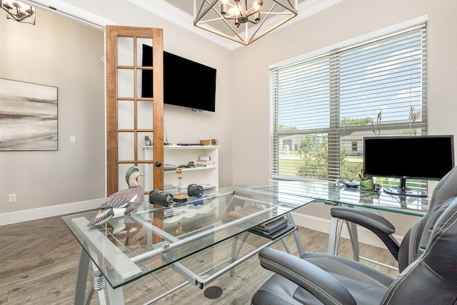 3011 Skyhawk Dr, Granbury, TX 76049 - home office featuring a chandelier, crown molding, and baseboards