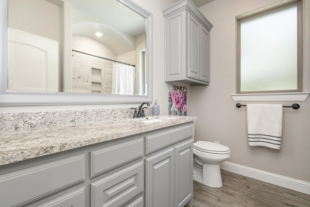 3011 Skyhawk Dr, Granbury, TX 76049 - full bathroom featuring baseboards, toilet, vanity, wood finished floors, and curtained shower