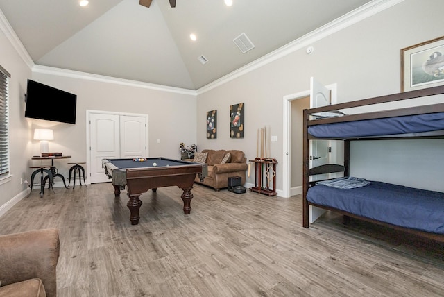 3011 Skyhawk Dr, Granbury, TX 76049 - recreation room with billiards, high vaulted ceiling, baseboards, light wood-style flooring, and recessed lighting