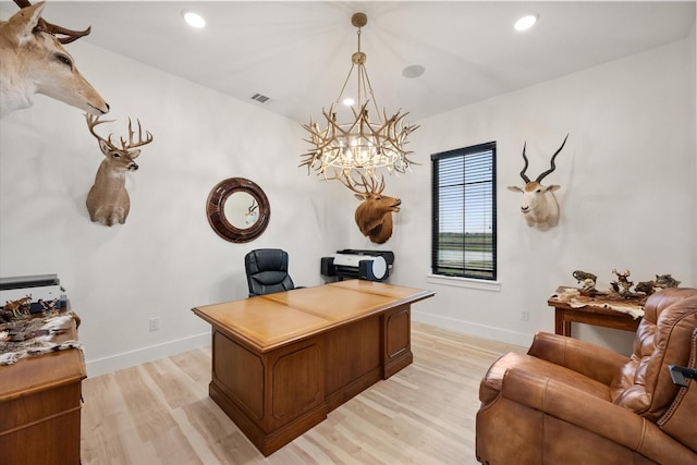 1911 Ozro Rd, Venus, TX 76084 - home office with a chandelier, light wood-type flooring, and recessed lighting