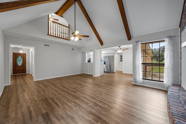 410 S Walnut Grove Rd, Midlothian, TX 76065 - unfurnished living room with a ceiling fan, high vaulted ceiling, wood finished floors, beam ceiling, and baseboards