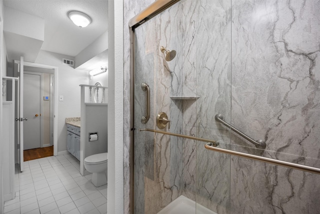 410 S Walnut Grove Rd, Midlothian, TX 76065 - full bathroom with vanity, a marble finish shower, tile patterned floors, and toilet