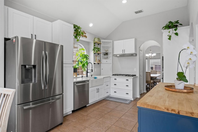 405 High Desert Dr, Fort Worth, TX 76131 - kitchen featuring appliances with stainless steel finishes, arched walkways, open shelves, vaulted ceiling, and white cabinets