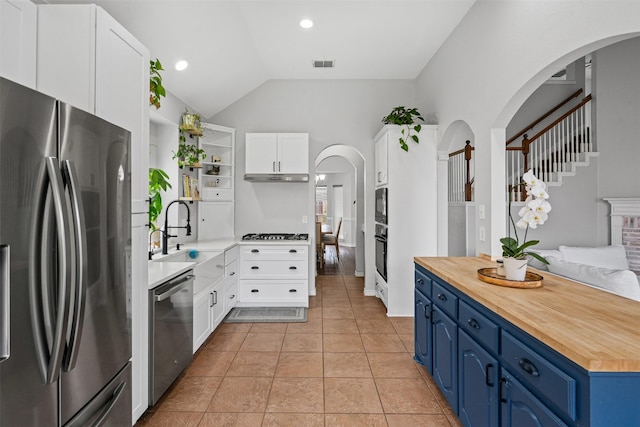405 High Desert Dr, Fort Worth, TX 76131 - kitchen featuring appliances with stainless steel finishes, blue cabinets, open shelves, wooden counters, and arched walkways