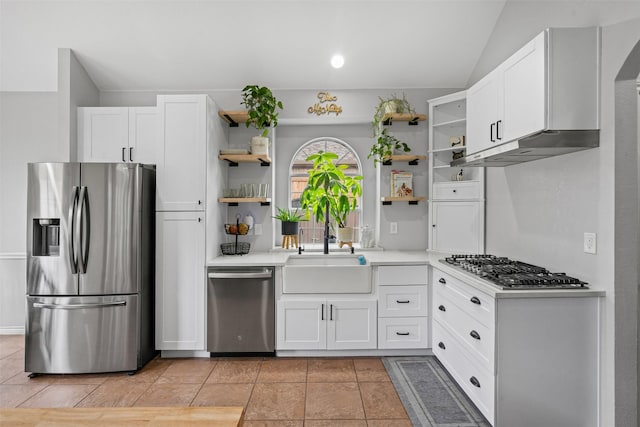 405 High Desert Dr, Fort Worth, TX 76131 - kitchen with stainless steel appliances, open shelves, light countertops, under cabinet range hood, and vaulted ceiling