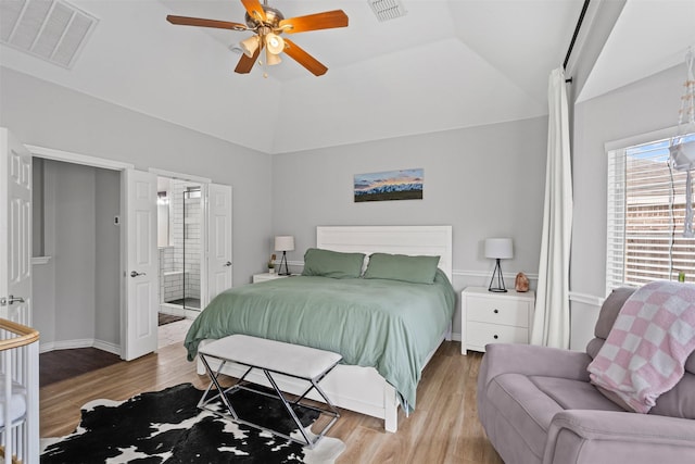 405 High Desert Dr, Fort Worth, TX 76131 - bedroom featuring vaulted ceiling, wood finished floors, ceiling fan, and ensuite bathroom