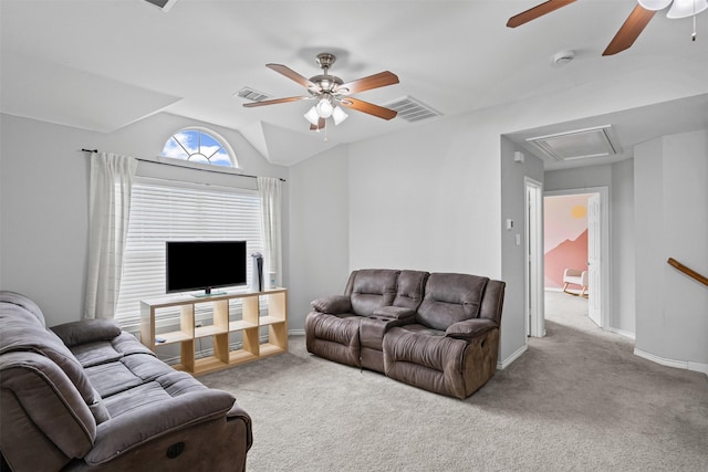 405 High Desert Dr, Fort Worth, TX 76131 - carpeted living room with attic access, a ceiling fan, and vaulted ceiling