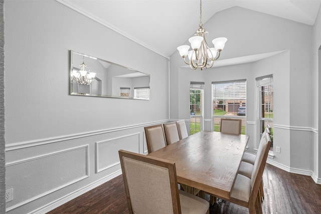 405 High Desert Dr, Fort Worth, TX 76131 - dining space with a chandelier, dark wood-style flooring, vaulted ceiling, and a wainscoted wall
