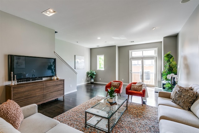 3234 N Haskell Ave, Dallas, TX 75204 - living room with dark wood-style flooring, baseboards, stairway, and recessed lighting