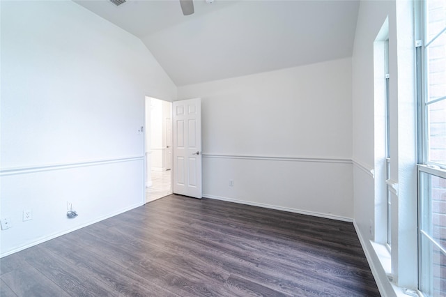 1311 Heather Brook Dr, Allen, TX 75002 - empty room with dark wood-style floors, lofted ceiling, and a ceiling fan